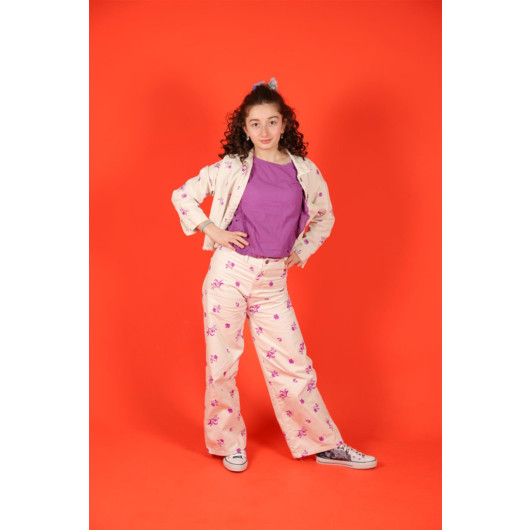 04 -14 Years Girl Child Purple Flower Embroidered Trousers