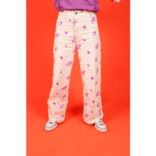 04 -14 Years Girl Child Purple Flower Embroidered Trousers