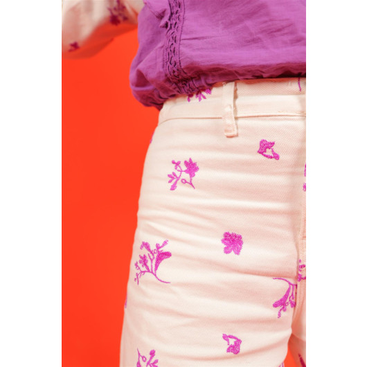 04 -14 Years Girl Child Purple Flower Embroidered Trousers