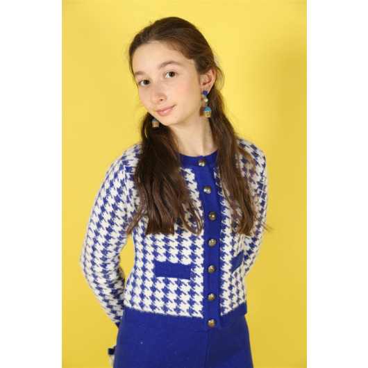04-14 Years Old Girl Saks Blue Knitwear Cardigan Trousers Bag Triple Suit