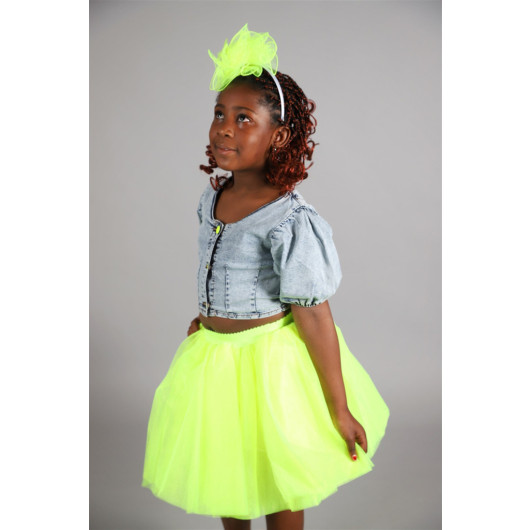 04-14 Years Old Girl Yellow Neon Tutu Skirt Denim Shirt Crown Three-Piece Suit