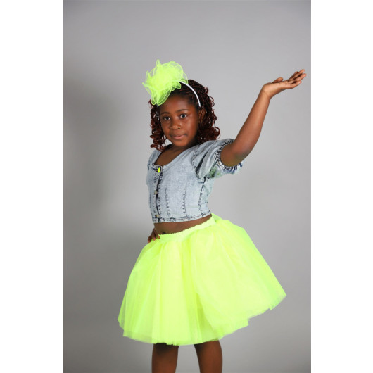 04-14 Years Old Girl Yellow Neon Tutu Skirt Denim Shirt Crown Three-Piece Suit