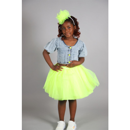04-14 Years Old Girl Yellow Neon Tutu Skirt Denim Shirt Crown Three-Piece Suit