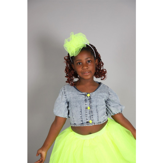 04-14 Years Old Girl Yellow Neon Tutu Skirt Denim Shirt Crown Three-Piece Suit