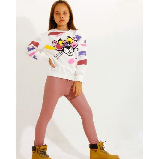 05-14 Years Girl Child White Pink Panther Hooded Sweat