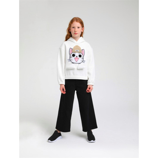 05-14 Years Old Girl White Color Cat Themed Hooded Sweat