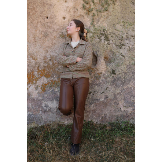 05-14 Years Old Girl Brown Color Leather Trousers
