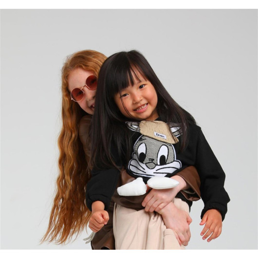 05-14 Years Old Girl Black Color Rabbit Hooded Sweat