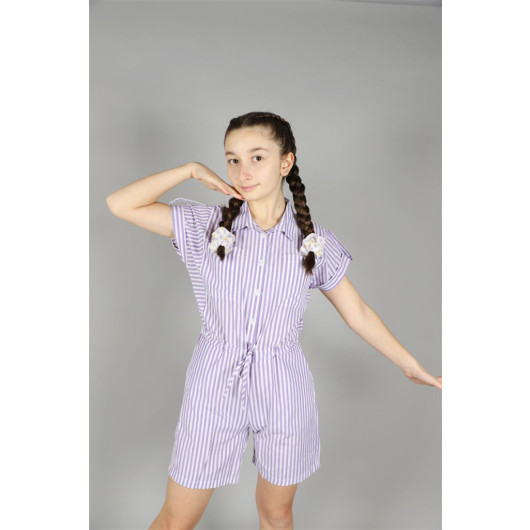 06-10 Years Old Girl Lilac Striped Short Jumpsuit