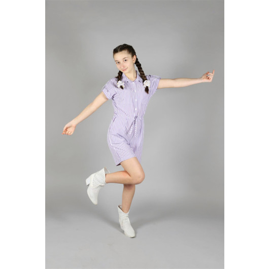 06-10 Years Old Girl Lilac Striped Short Jumpsuit