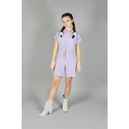 06-10 Years Old Girl Lilac Striped Short Jumpsuit