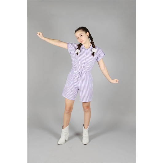 06-10 Years Old Girl Lilac Striped Short Jumpsuit