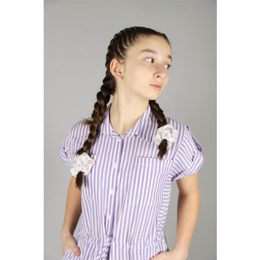 06-10 Years Old Girl Lilac Striped Short Jumpsuit