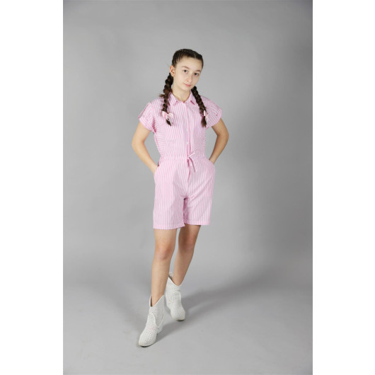 06-10 Years Old Girl Pink Striped Short Jumpsuit