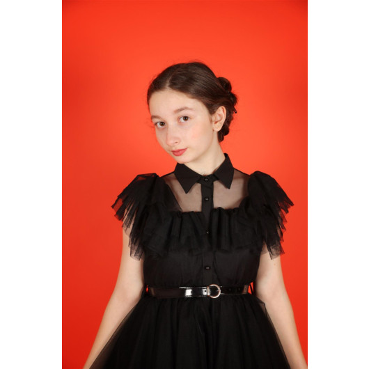 فستان بناتي من التول باللون الأسود لعمر 06-12 سنة