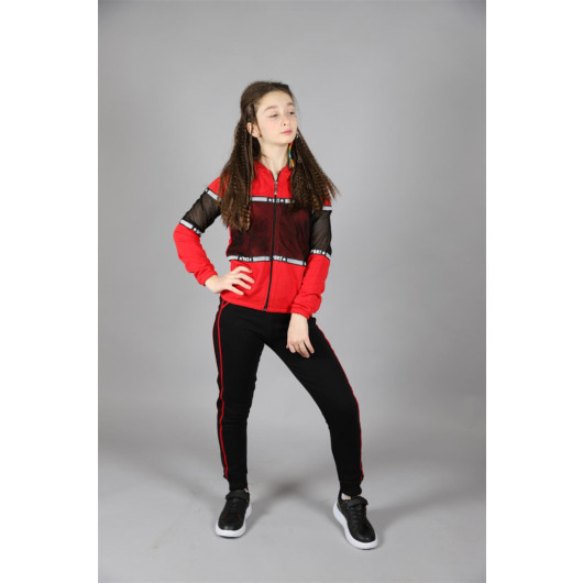 06-16 Age Girl Red Mesh Striped Tracksuit Suit
