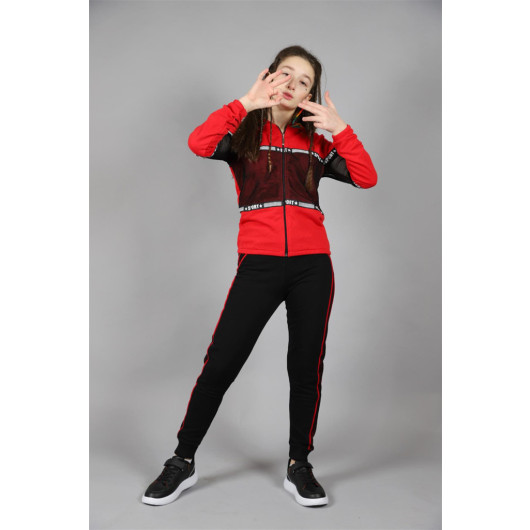 06-16 Age Girl Red Mesh Striped Tracksuit Suit