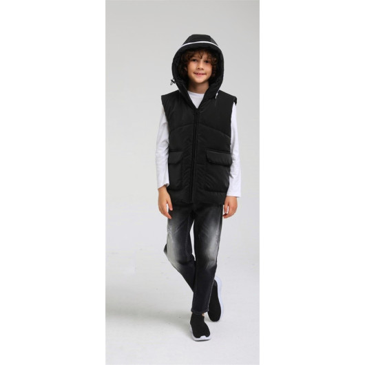 07-14 Years Old Boy Black Color Hooded Vest