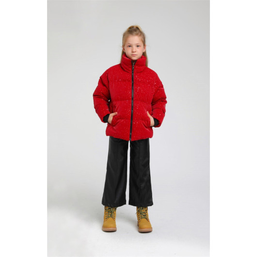 07-14 Years Old Girl's Red Color Drop Look Coat