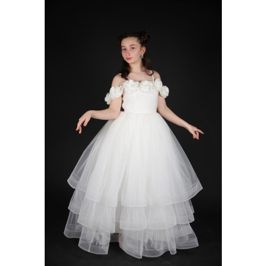 07-15 Years Girl Child Cream Color Floral Collar Evening Dress