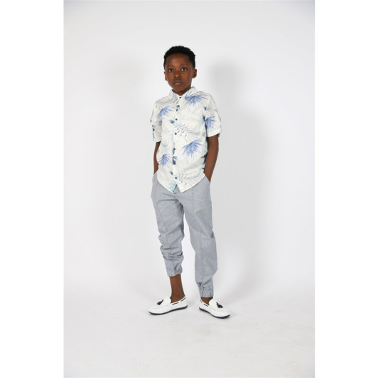 08-14 Age Boy Blue Palm Shirt Linen Pants Suit