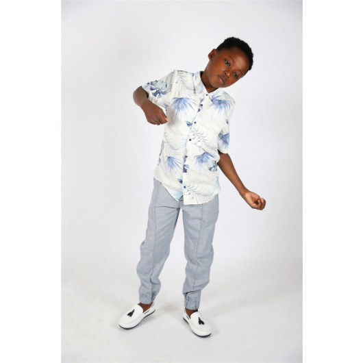 08-14 Age Boy Blue Palm Shirt Linen Pants Suit