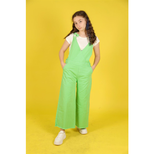 08-14 Years Old Girl's Pistachio Green Lace-Up Salopet