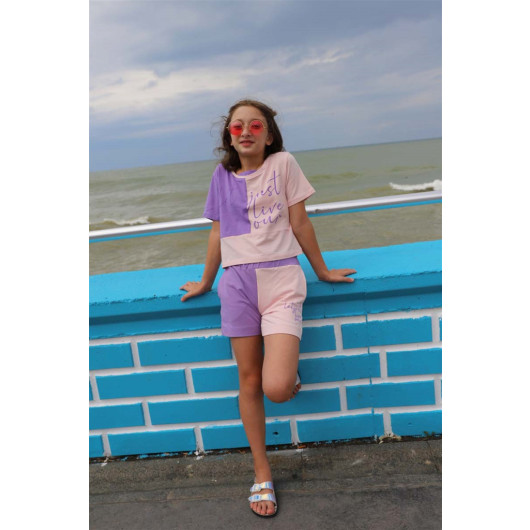 08-14 Years Girl Child Pink-Purple Shorts Set