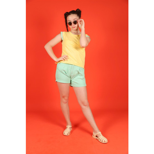 08-14 Years Old Girl Pleated Mint Green Shorts