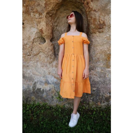 Girls Orange Cotton Holiday Dress With Buttons