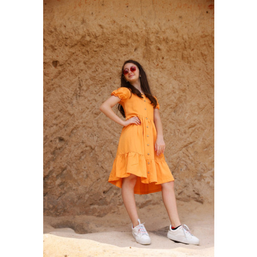 فستان بناتي لون برتقالي لعمر بين 08 - 14 سنة