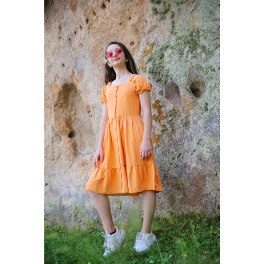 Girls Orange Cotton Holiday Dress With Buttons