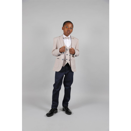 09 - 14 Years Boys Beige Linen Jacket Suit