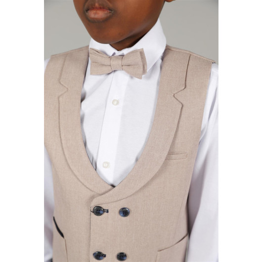 09 - 14 Years Boys Beige Linen Vest Suit
