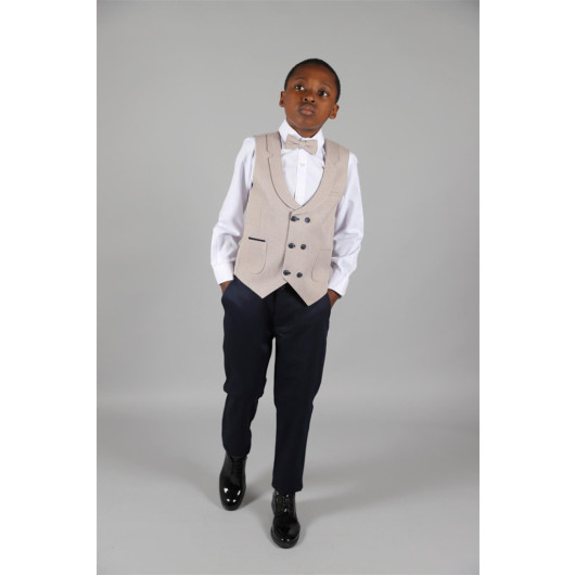 09 - 14 Years Boys Beige Linen Vest Suit