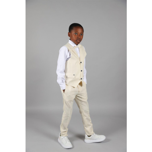 09 - 14 Years Boys Beige Vest Suit