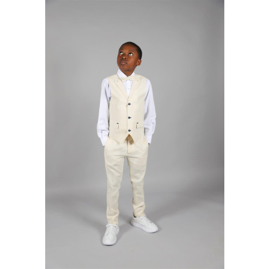 09 - 14 Years Boys Beige Vest Suit