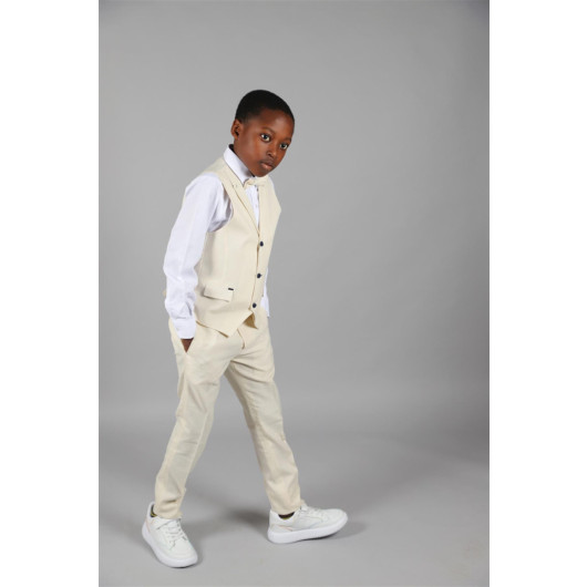 09 - 14 Years Boys Beige Vest Suit