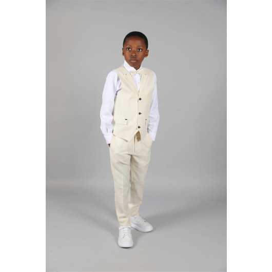 09 - 14 Years Boys Beige Vest Suit