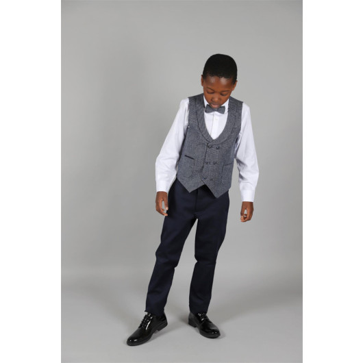 09 - 14 Years Boys Navy Blue Linen Vest Suit