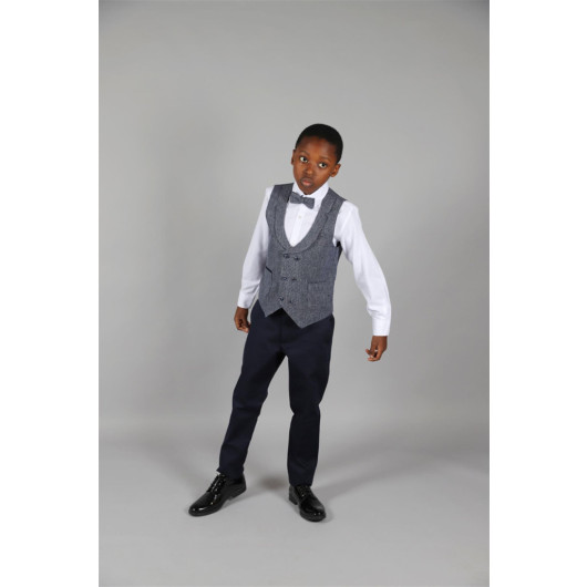 09 - 14 Years Boys Navy Blue Linen Vest Suit