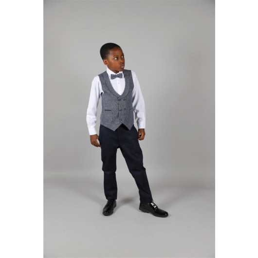 09 - 14 Years Boys Navy Blue Linen Vest Suit