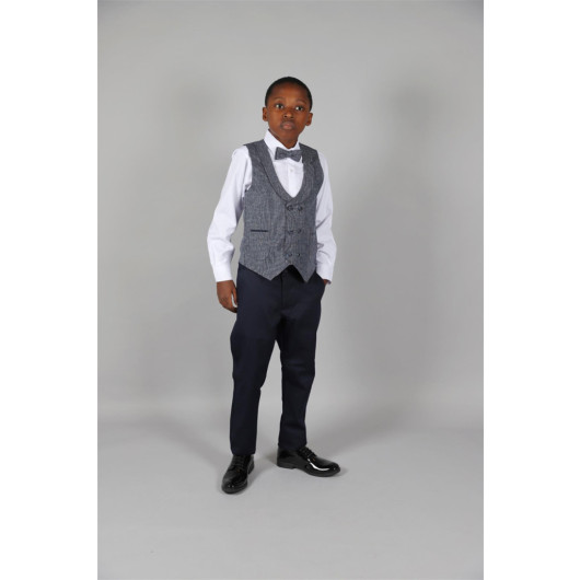 09 - 14 Years Boys Navy Blue Linen Vest Suit