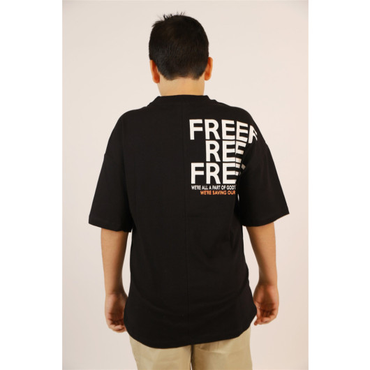 09-14 Years Boy Black Back Text Detailed Oversize T-Shirt