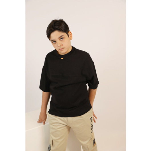 09-14 Years Boy Black Back Text Detailed Oversize T-Shirt