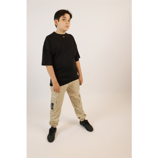 09-14 Years Boy Black Back Text Detailed Oversize T-Shirt