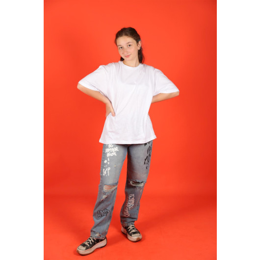 09-14 Years Old Girl White Color Oversize T-Shirt