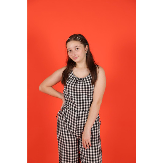 09-14 Years Old Girl's Black-White Color Pitikare Jumpsuit