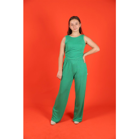 09-14 Years Old Girl Green Color Crop Trousers Set