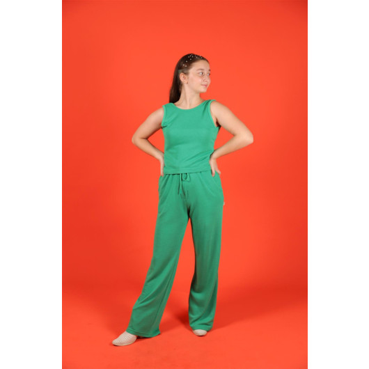 09-14 Years Old Girl Green Color Crop Trousers Set